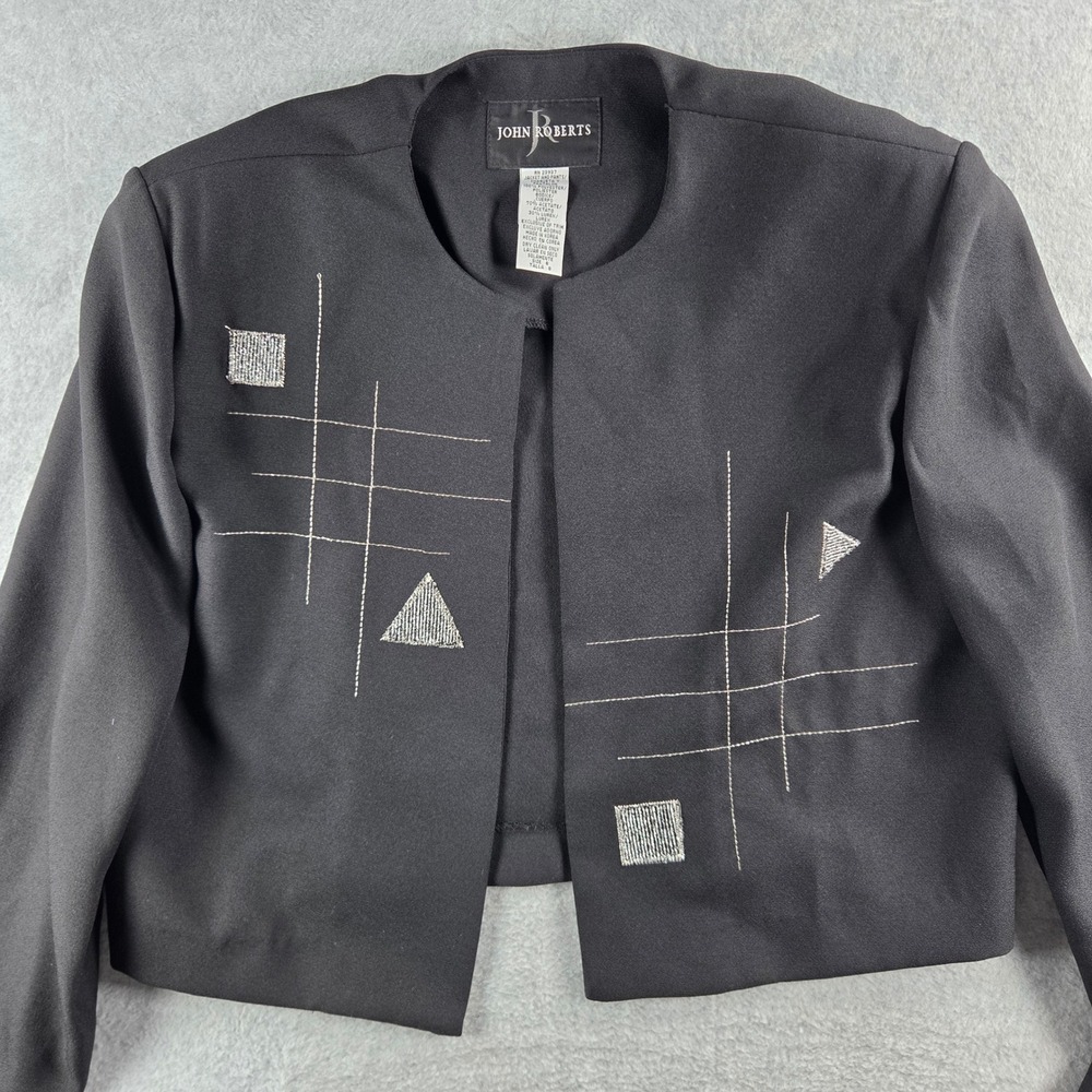 John Roberts Cropped Jacket Women 8 Black Geometric Silver Lurex Vintage Korea